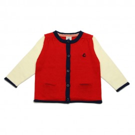 PETIT BATEAU Cardigan col rond fille rouge / écru / bleu foncé