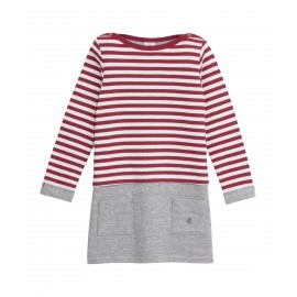 PETIT BATEAU Robe à manches longues fille gris clair et rouge bordeaux / blanc rayures