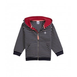 PETIT BATEAU Pullover zippé à capuche garçon bleu foncé et écru rayures