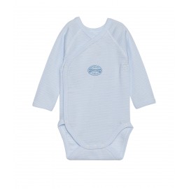 PETIT BATEAU Romper long sleeves envelope neck milleraies stripes light blue