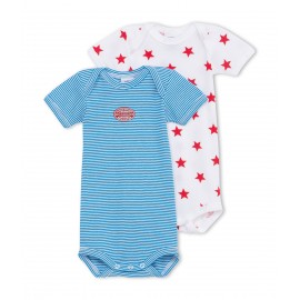 PETIT BATEAU Pack of 2 short-sleeved bodysuits baby boy blue white