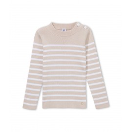 PETIT BATEAU Pullover col rond garçon beige et blanc cassé marinière