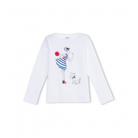 PETIT BATEAU T-shirt à manches longues fille blanc avec impression en rouge et bleu