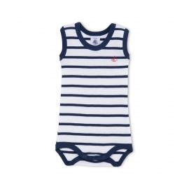 PETIT BATEAU Sleeveless bodysuit baby boy white and blue marinière