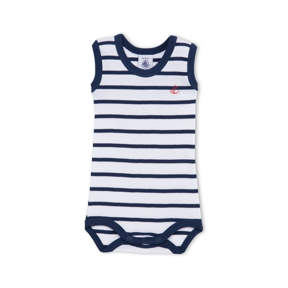 PETIT BATEAU body sans manches bébé garçon blanc & bleu rayé marinière